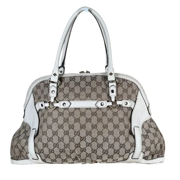 Gucci Beige/White GG Canvas and Leather Medium Horsebit Nail Dome Satchel - Picture 2 of 11
